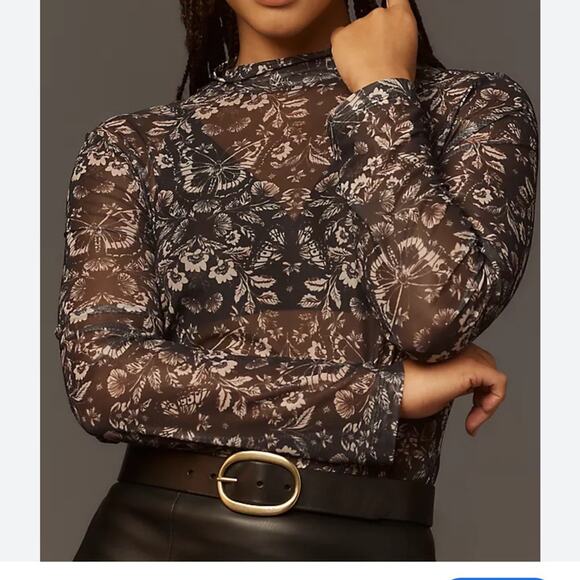 Anthropologie Tops - Anthropologie Black and Gray Long Sleeve Mesh Turtleneck Top Size XS